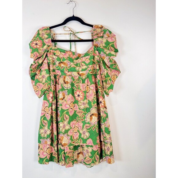 Misa Dress Green Kate Mini Ruched Puffed Floral Pintuck Tie Back A Line Boho XS - Picture 7 of 13